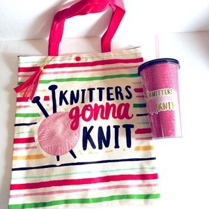 Knitters Gonna Knit Canvas Tote and Pink Tumbler Set